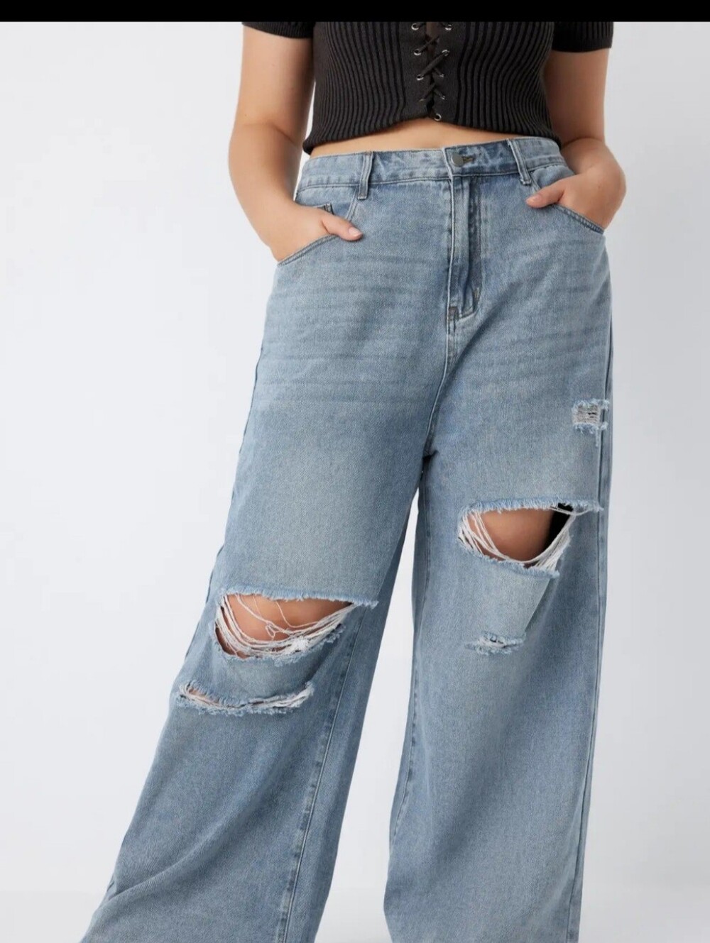 Cider Wide Leg High-Rise Distressed Jeans - Light Blue Sixe 4XL New - Picture 3 of 13
